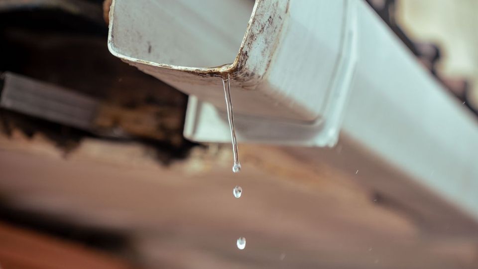 Gouttière chargée d'eau de pluie le long d'un toit